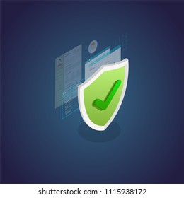 Authentication and protection concept. Isometric shield and secure private data, browser window and passwords secured with shield. Data security protection concept banner.