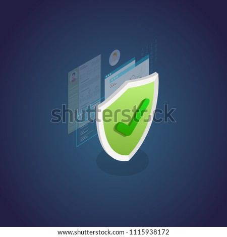 Authentication and protection concept. Isometric shield and secure private data, browser window and passwords secured with shield. Data security protection concept banner.