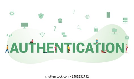 authentication secure login concept concept with big word or text and team people with modern flat style - vector