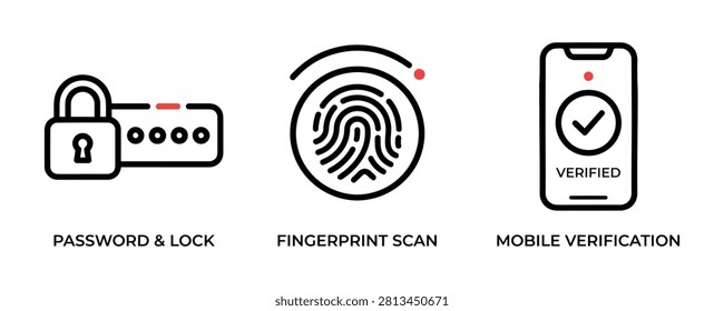 Authentication Security Icon Set with Password Lock Fingerprint Scan and Mobile Verification