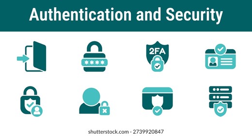 Authentication and security icons representing login protection two factor authentication password control verification and secure access workflows