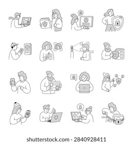 Authentication security illustrations featuring encryption, credentials, verification, biometrics, secure login, tokens, certificates, and network access. 