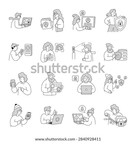 Authentication security illustrations featuring encryption, credentials, verification, biometrics, secure login, tokens, certificates, and network access. 