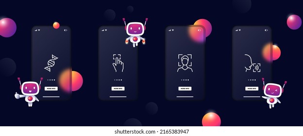 Authentication set icon. Face recognition, voice recognition. Identification, rna, speech, etc. Biometrics concept. Glassmorphism. UI phone app screen. Vector line icon for Business and Advertising