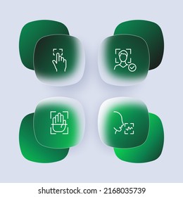 Authentication set icon. Face recognition, voice recognition. Identification, success, tick, speech, fingerprint. Biometrics concept. Glassmorphism style. Vector line icon for Business and Advertising
