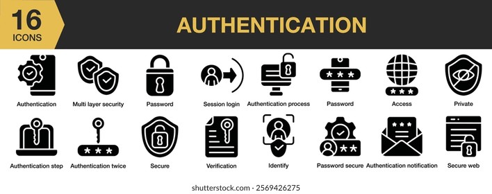 Authentication solid icon set. Includes Cyber, Security, Protection, Shields, 2fa, Authentication, Procedure, and More. Solid icons vector collection.