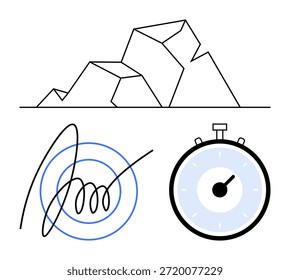 Autenticação, gerenciamento de tempo, desafios, simbólico, rastreamento, verificação de identidade. Relógio abstrato, assinatura dinâmica e estrutura angular de rocha exibida. Gerenciamento de autenticação e tempo