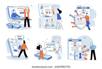 Autenticación. Ilustración vectorial. Los mecanismos de autorización controlan el acceso del usuario a diferentes recursos del sistema El proceso de autenticación verifica la identidad de los usuarios antes de conceder el acceso Garantía