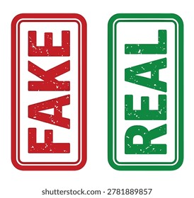 Authentication verification themed element pack, rustic rubber stamp style, red fake label, green real marker, and document seals.