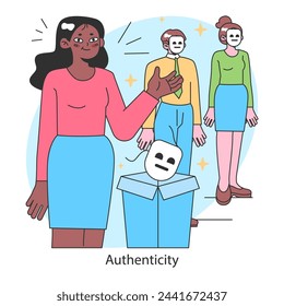 Authenticity concept. Black woman discards a mask, symbolizing the embrace of true self among facades. Celebrating genuineness in a world of pretense. Flat vector illustration.