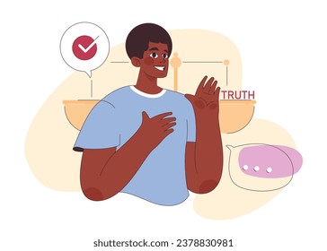 Autenticidad. Transparencia emocional y sinceridad en la comunicación. El hombre negro adulto promete decir la verdad con la mano sobre el corazón y levantar la palma en señal de honestidad. Ilustración vectorial plana