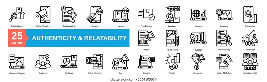 Authenticity and Relatability Icon Sheet Quality Control, Online Shopping, Data Analytics, Discount, Laptop, Free Delivery, Feedback, Website, Research, Subscription, Customer Service, Audience