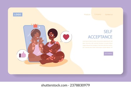 Authenticity and self-acceptance web banner or landing page. Black young adult woman with vitiligo smiling to her mirror reflection. Love and understanding of yourself. Flat vector