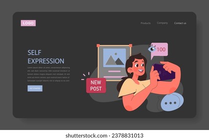Authenticity in self-expression nighmode or darkmode web banner or landing page. Young woman expressing herself sharing a pictures in social media. Individuality realization. Flat vector illustration