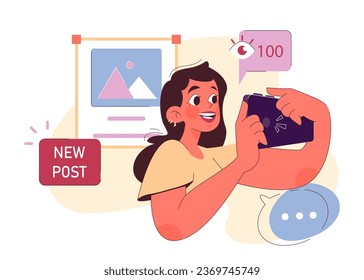 Authenticity in self-expression. Young woman expressing herself sharing a pictures in social media. Positive psychology, healthy personality development and self-realization. Flat vector illustration