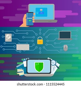 Authentification banner concept set. Flat illustration of 3 authentification vector banner horizontal concepts for web
