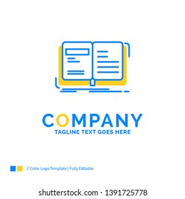 Author, book, open, story, storytelling Blue Yellow Business Logo template. Creative Design Template Place for Tagline.