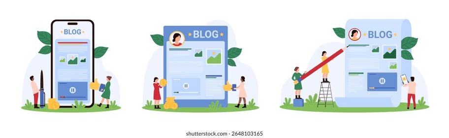 Criação de conteúdo de autor, monetização de artigos de blog criativo definido. Pessoas pequenas ganham dinheiro atraindo público, segurando lápis e caneta para criar texto, polegares para cima ilustração de vetor de desenhos animados