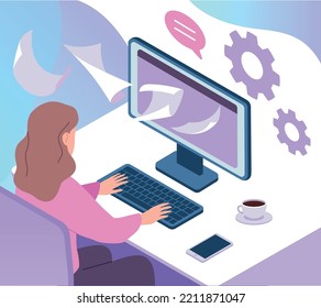 Author of creative texts. Professional copywriter, editor, blog creation. Writer creating internet content, book or article, woman storyteller of literature. Vector cartoon flat concept