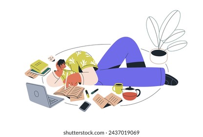 Author at creative work. Inspired man writer, copywriter writing texts with papers and laptop on floor. Creativity, inspiration concept. Flat graphic vector illustration isolated on white background