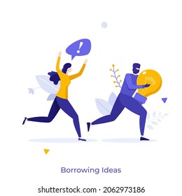Author or creator chasing thief or robber holding lightbulb. Concept of borrowing or stealing creative ideas or intellectual property, copyright infringement. Flat vector illustration for poster.