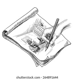 Author hand drawing living room interior with pencil sketch vector illustration