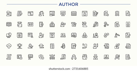 Conjunto de iconos de autor en estilo lineal. Colección de iconos vectoriales. Incluye símbolos para escritor, educación, papelería, literatura, autor. Trazo editable. colección de Vector. Conjunto de iconos de libro.