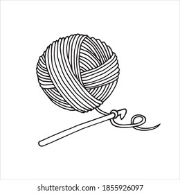 
The author of the illustration in the style of doodle on the topic of knitting, crocheting. ball of wool and crochet hook isolated on white background. handicraft, needlework. svg