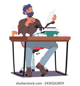 Author Male Character Immersed In Thought with Typewriter and Crumpled Papers on Desk. Man Writer Crafting Worlds into Stories. Concept of Creative Profession. Cartoon People Vector Illustration