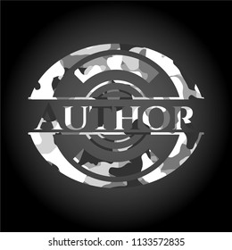 Author on grey camo pattern