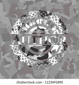 Author on grey camouflage pattern