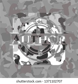 Author on grey camouflage pattern