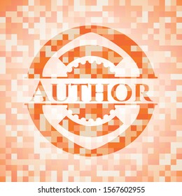 Author orange tile background illustration. Square geometric mosaic seamless pattern with emblem inside.
