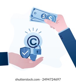 La mano del autor o propietario sostiene una idea protegida por la Marca comercial. El comprador o inversor ofrece dinero para comprar los derechos o utilizar la Licencia. Vender derechos de marca o Regalías para usar la Licencia. Ilustración vectorial