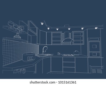 Author project blueprint of a kitchen-dining room, the food, the dishes, the wine, the TV set, the design of the ceiling. 3D, realistic. Vector