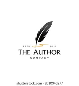 author signature logo, feather quill pen with golden ink logo , vintage Fountain pen logo with gold ink icon, luxury elegant classic stationery illustration isolated on white background