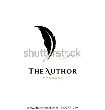 author signature logo, feather quill pen with golden ink logo , vintage Fountain pen logo with gold ink icon