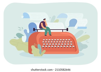 Author Thinking Over Script, Writing Screenplay On Drafts. Tiny Male Screenwriter Sitting On Vintage Typewriter With Paper In Process Of Art Creating Flat Vector Illustration. Writers Job Concept