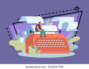 Author thinking over script, writing screenplay on drafts. Tiny male screenwriter sitting on vintage typewriter with paper in process of art creating flat vector illustration. Writers job concept