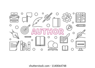 Author vector horizontal banner or illustration made with thin line icons on white background