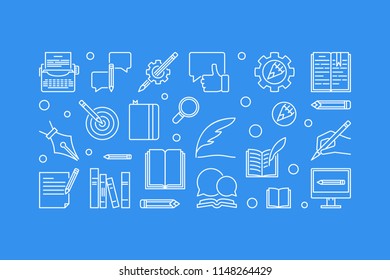 Author vector horizontal concept illustration or banner made with outline icons on blue background