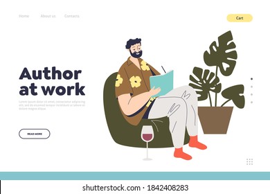 Author at work landing page with cartoon writer creating new novel idea sitting in armchair and writing notes in notebook. Hipster writer looking for imagination and inspiration. Vector illustration