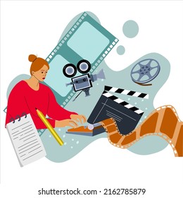 The author is working on a script for the film using a typewriter. Vector illustration for the screenwriter's banner.