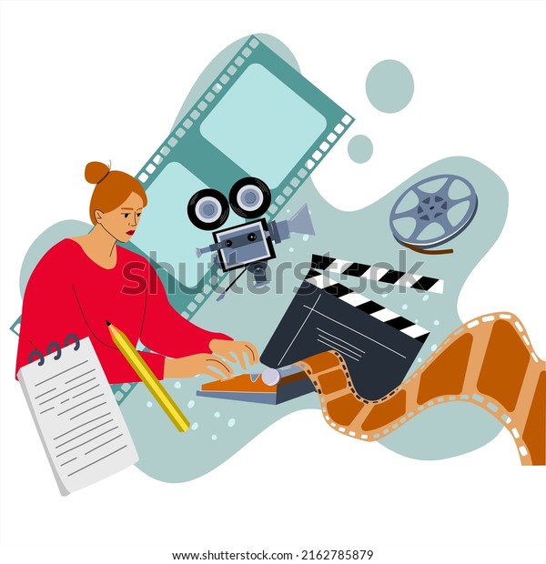 The\
author is working on a script for the film using a typewriter.\
Vector illustration for the screenwriter\'s\
banner.