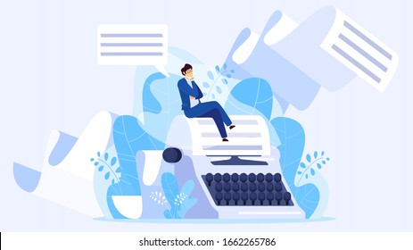 Author writing a book, tiny man sitting on huge typewriter, vector illustration. Creative screenwriter, poet, blogger or journalist working on article. Text editor, author cartoon character concept