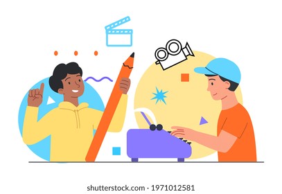 Author writing new scenario for hollywood cinematography industry. Flat abstract metaphor outline cartoon vector illustration concept design. Simple art isolated on white background.