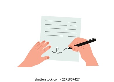 Author is writing on typewriter magnificent story, Human hand signs a document, Flat Art Vector Illustration.
