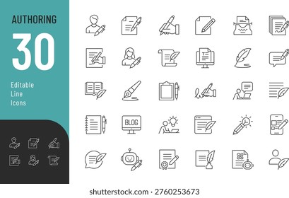Authoring Line Editable Icons set. Vector illustration in modern thin style of writing related icons: author, blog, signature, and more. Isolated on transparent background.