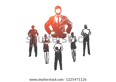 Authoritarian boss, work, dictator, leader, pressure concept. Hand drawn strict boss and subordinates concept sketch. Isolated vector illustration. Foto stock © 
