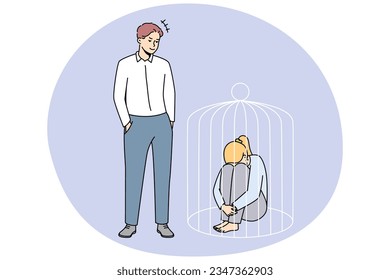 Authoritarian man lock woman in cage. Wife suffer from domestic violence and no rights. Toxic relationships concept. Vector illustration.